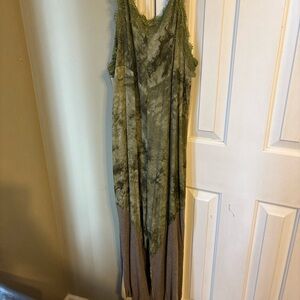Pol Anthropologie tie strap patchwork jogger leg overalls green/tan sz L